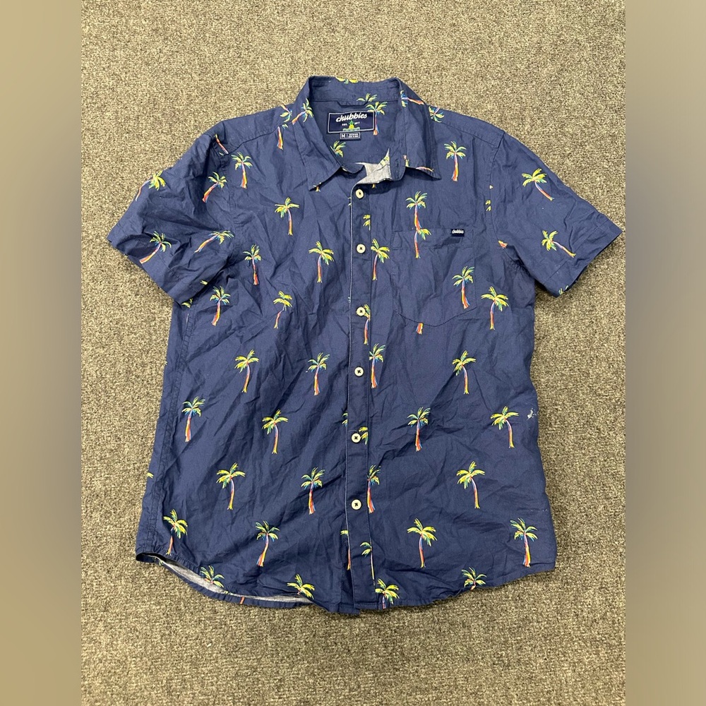 Chubbies Blue and Green Casual Button Down Shirt with Tropical Print